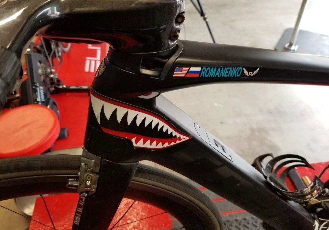 Black bike frame with decals